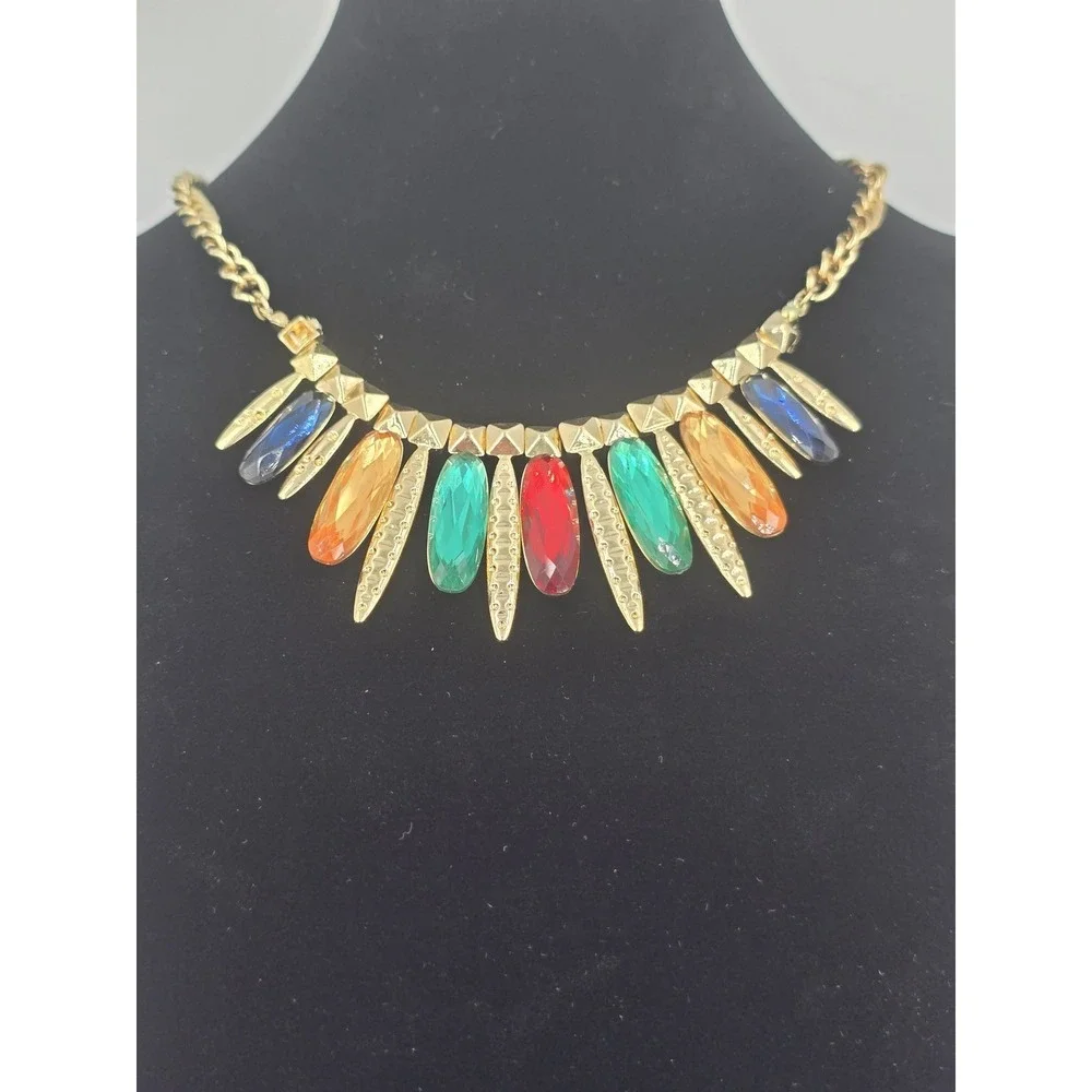 Gold Tone Multi-Color Gemstone Bib Statement‎ Necklace Fashion Jewelry